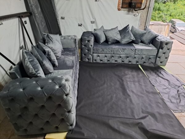 Elegant Grey Tufted Velvet Sofa Set (3-Seater & 2-Seater) - Image 2