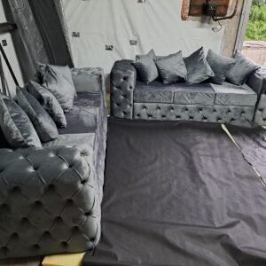 Elegant Grey Tufted Velvet Sofa Set (3-Seater & 2-Seater)