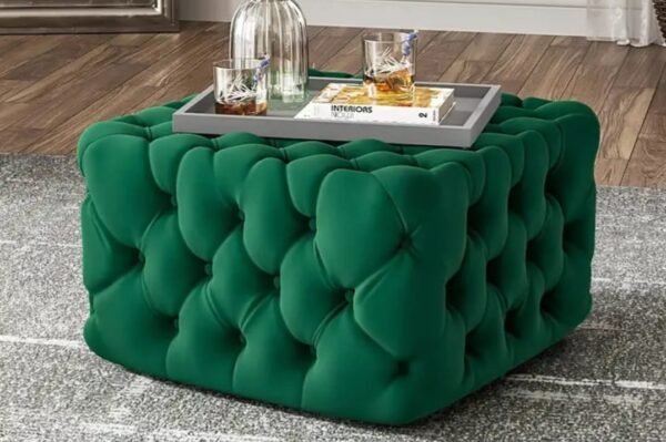 Fully-Tufted Chesterfield Cube Footstool in Green Velvet