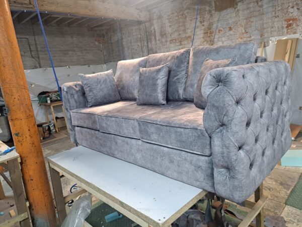 Victoria Grand Chesterfield Style Grey Velvet 3-Seater Sofa - Image 3