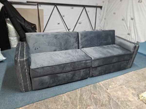 Luxurious Dark Grey Plush Sofa - 4 Seater with Chrome Studs - Image 5