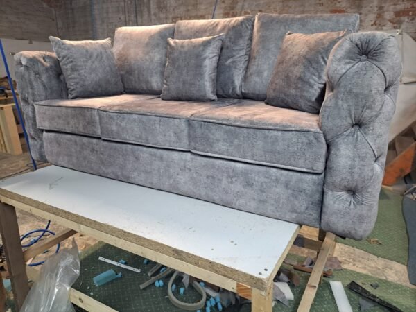 Victoria Grand Chesterfield Style Grey Velvet 3-Seater Sofa - Image 4