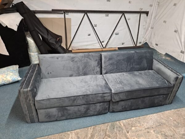 Luxurious Dark Grey Plush Sofa - 4 Seater with Chrome Studs - Image 4